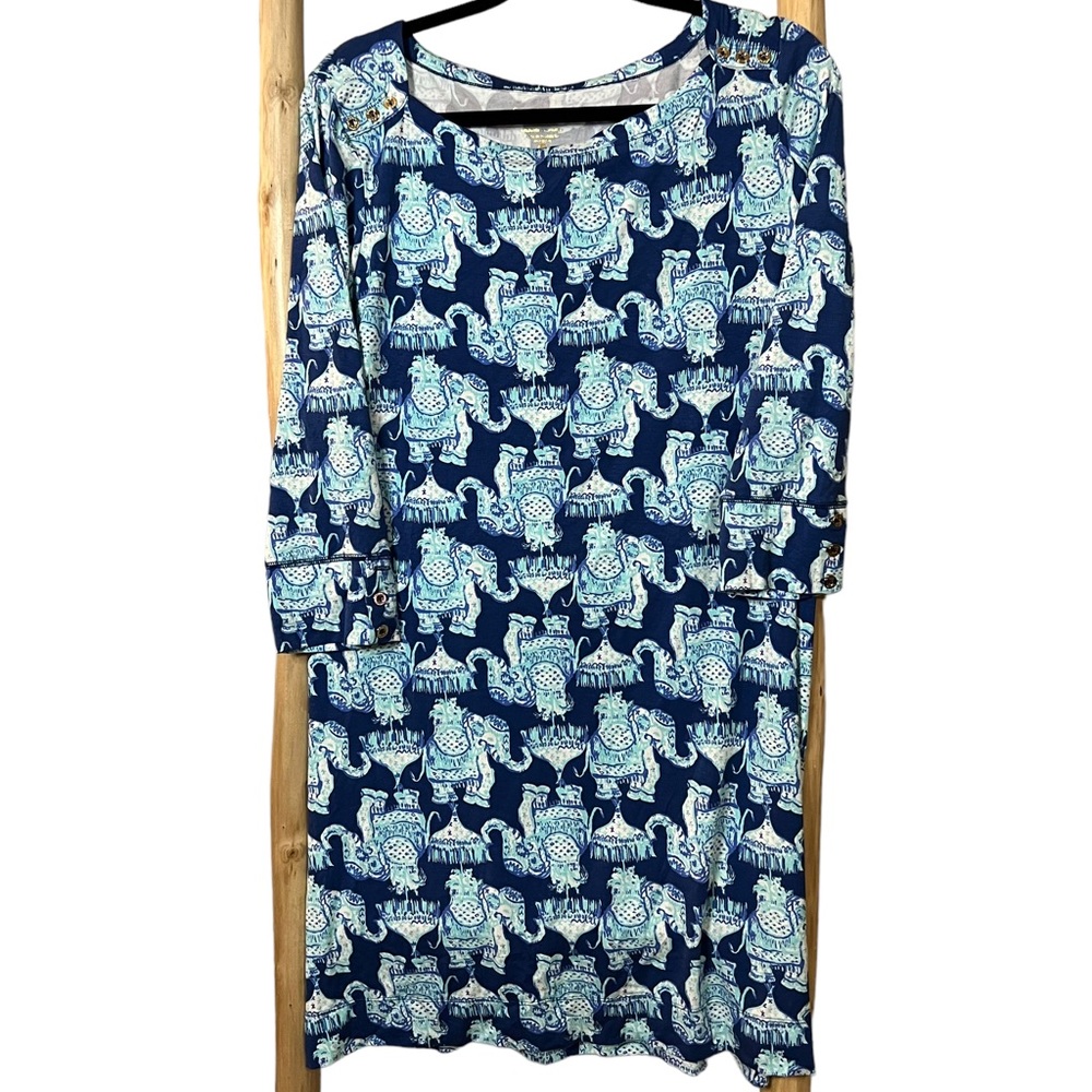 Lilly Pulitzer Sophie dress blue elephant pattern 3/4 length sleeves XL